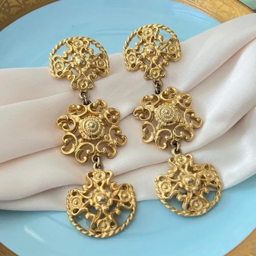 Vintage Gold Ornate Filagree Drop Statement Earrings
